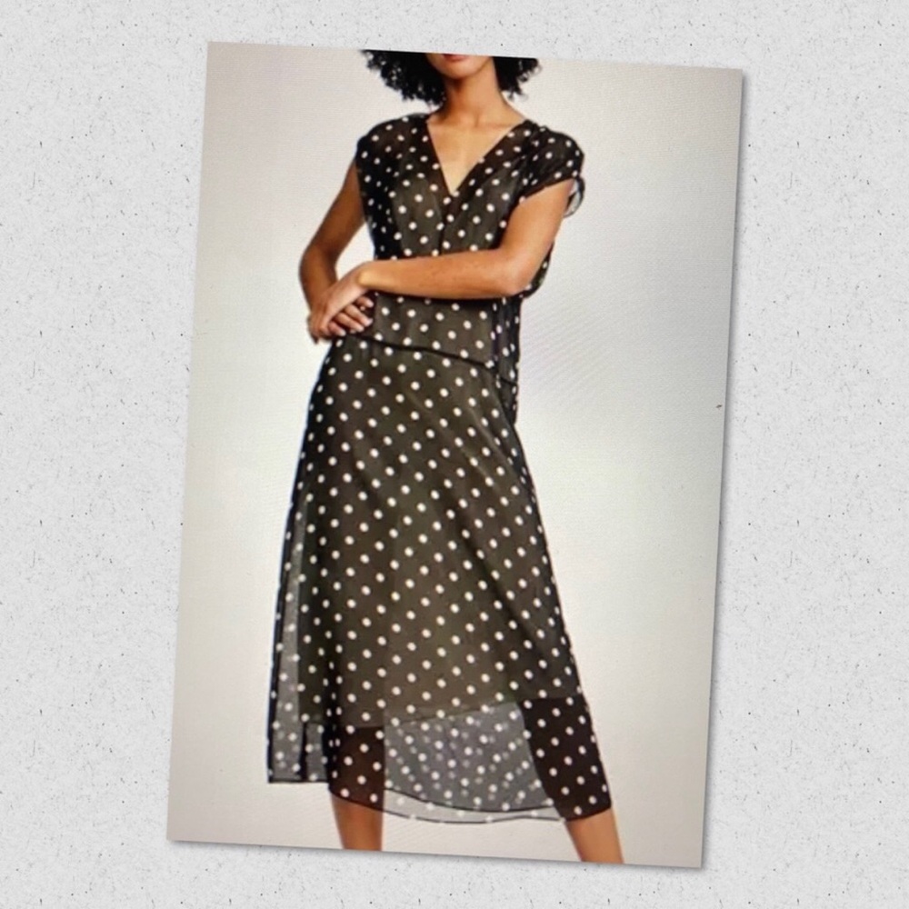 THEORY Women’s Black/Cream Polka Dot Deep V Cap Sleeve Silk Easy Midi Dress 4